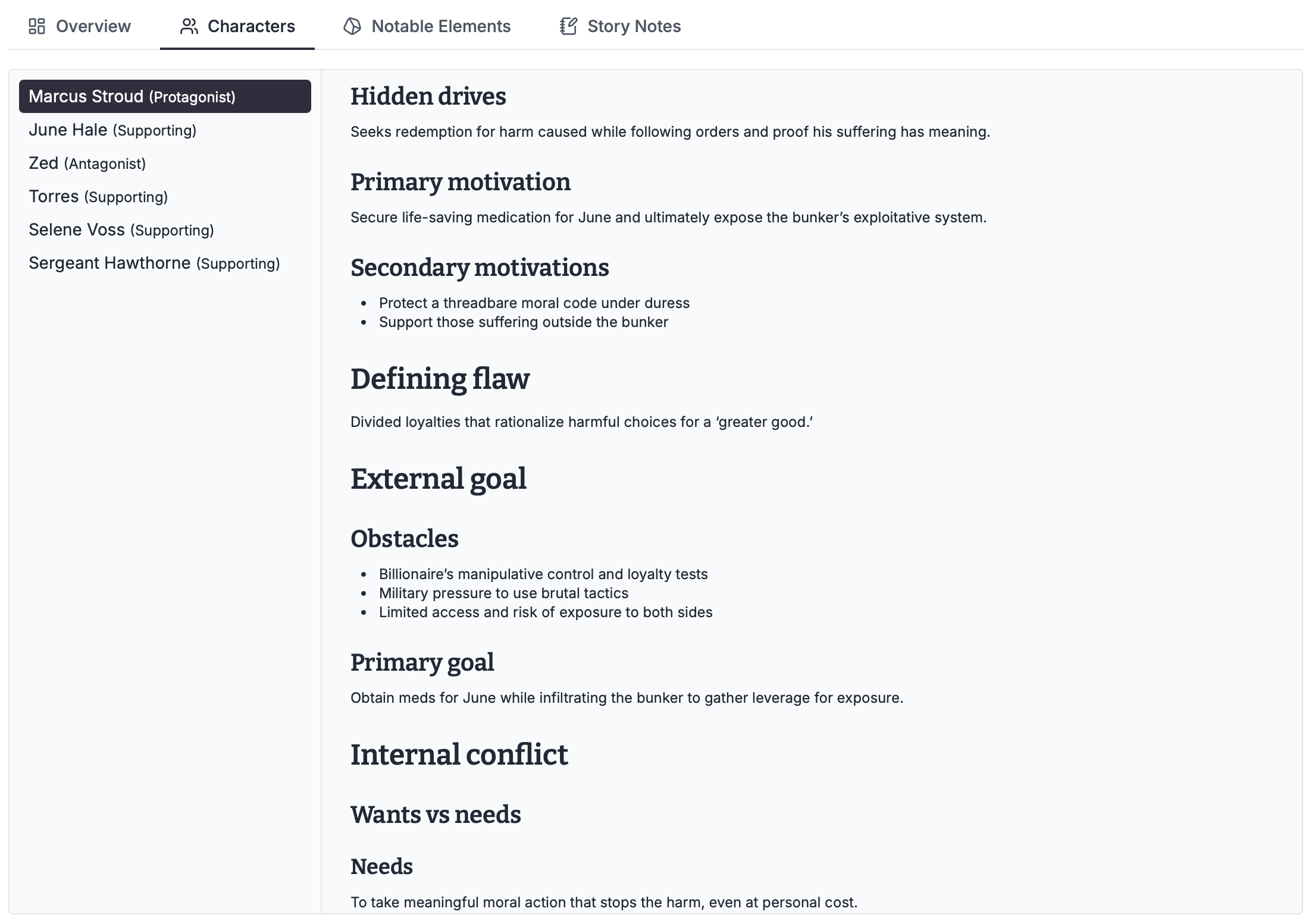 Narrative universe character analysis screenshot